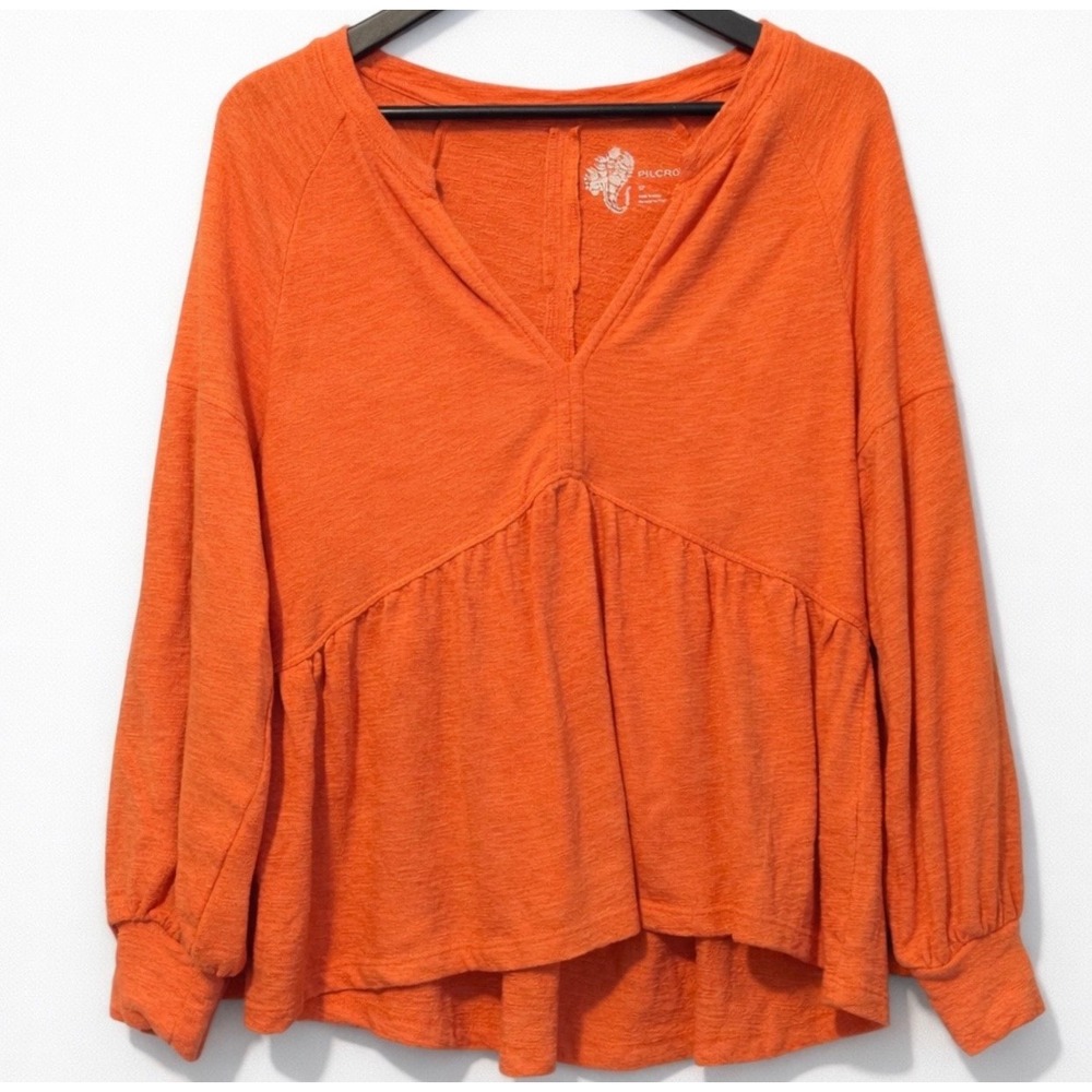 Pilcro Anthropologie Orange Peplum Blouse Boho Babydoll‎ Top Long Sleeve Womens